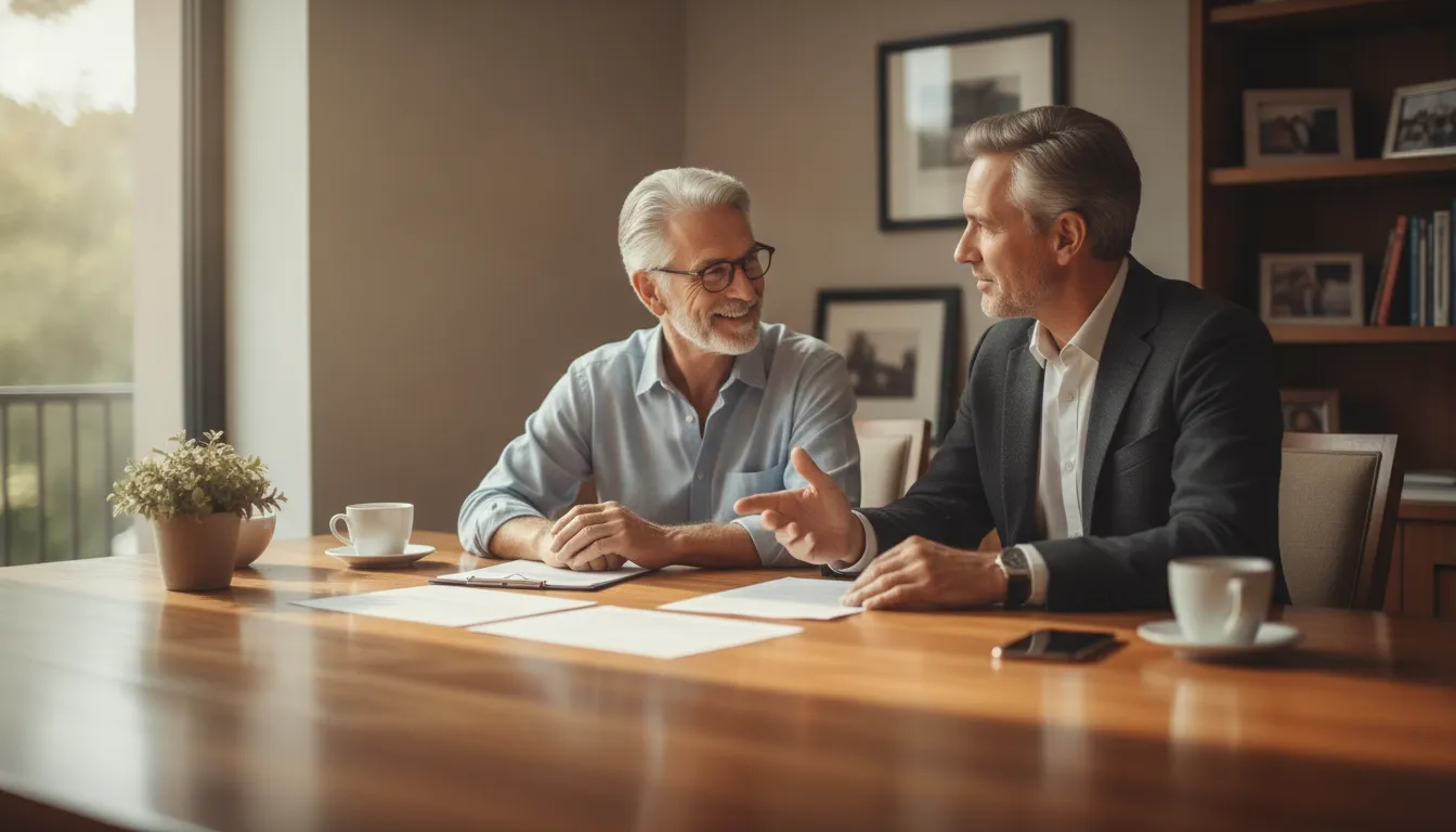 Financial advisor reviewing retirement income planning with a couple at a desk