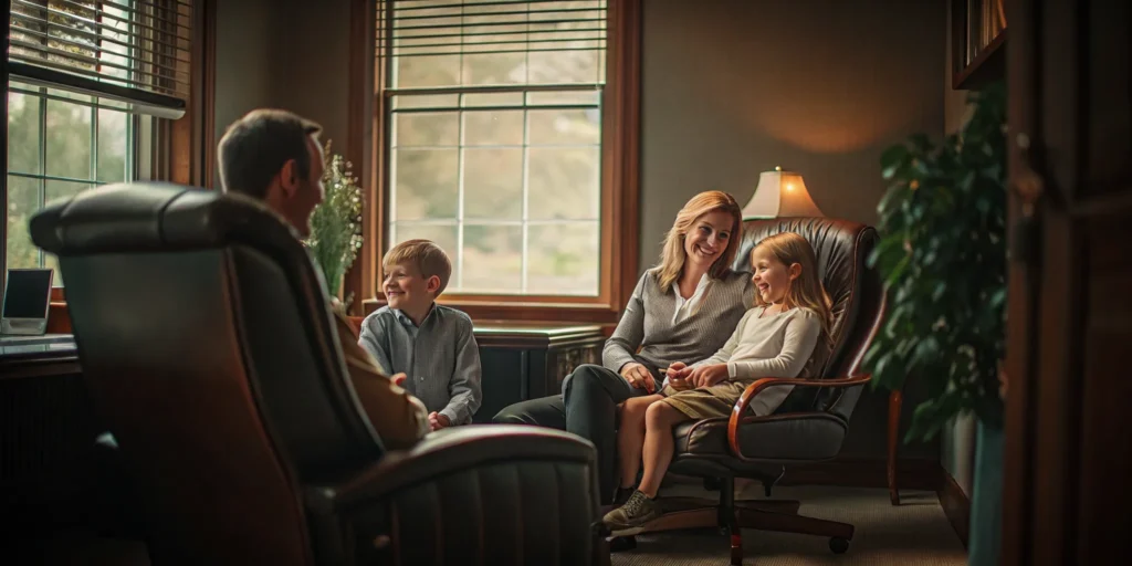 Young family meeting with a financial planner in a professional office setting