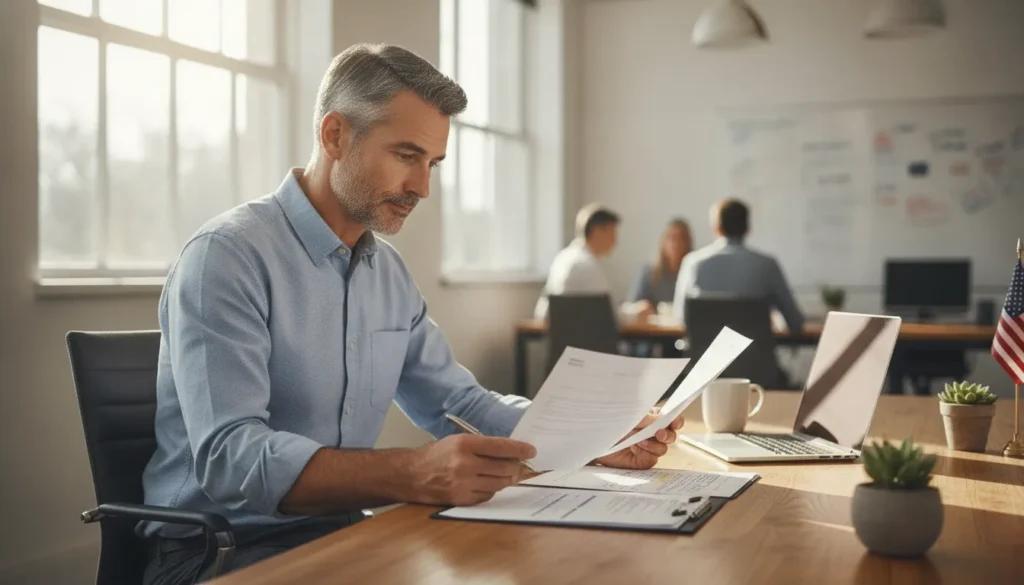 Federal employee reviewing a retirement income estimate with pension and savings documents