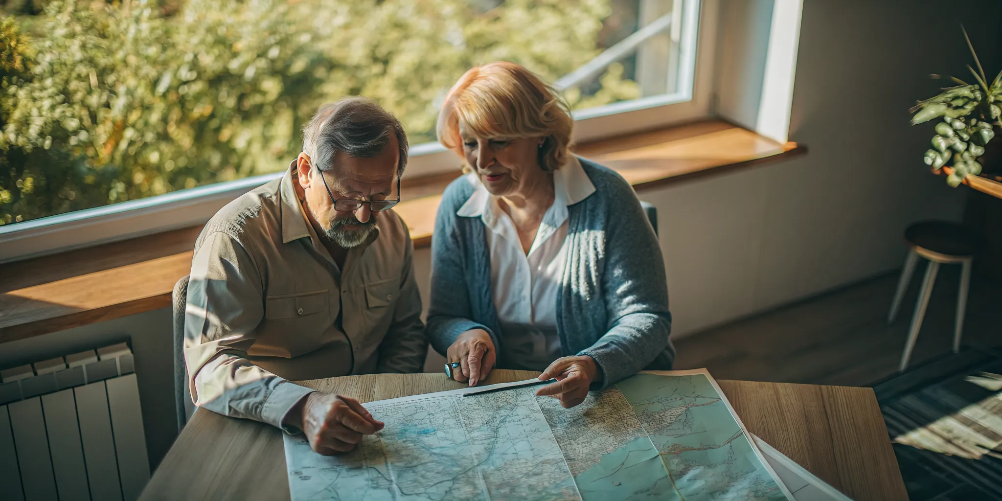 Retired couple reviewing a relocation plan and map