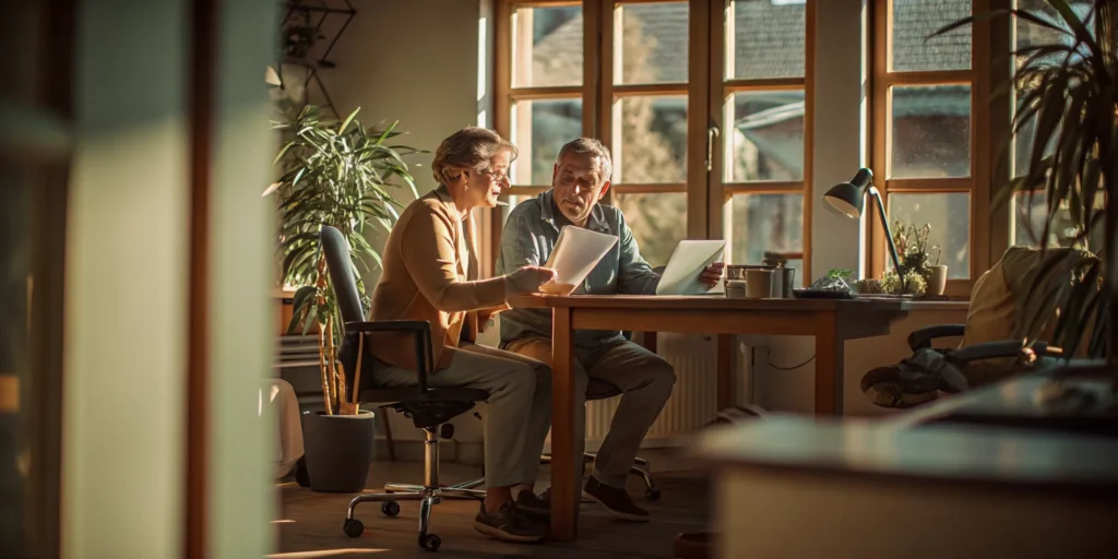 Retiree reviewing financial documents with an advisor in a warm home office setting