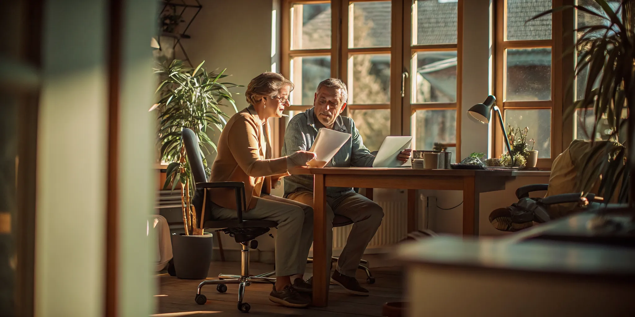 Retiree reviewing financial documents with an advisor in a warm home office setting