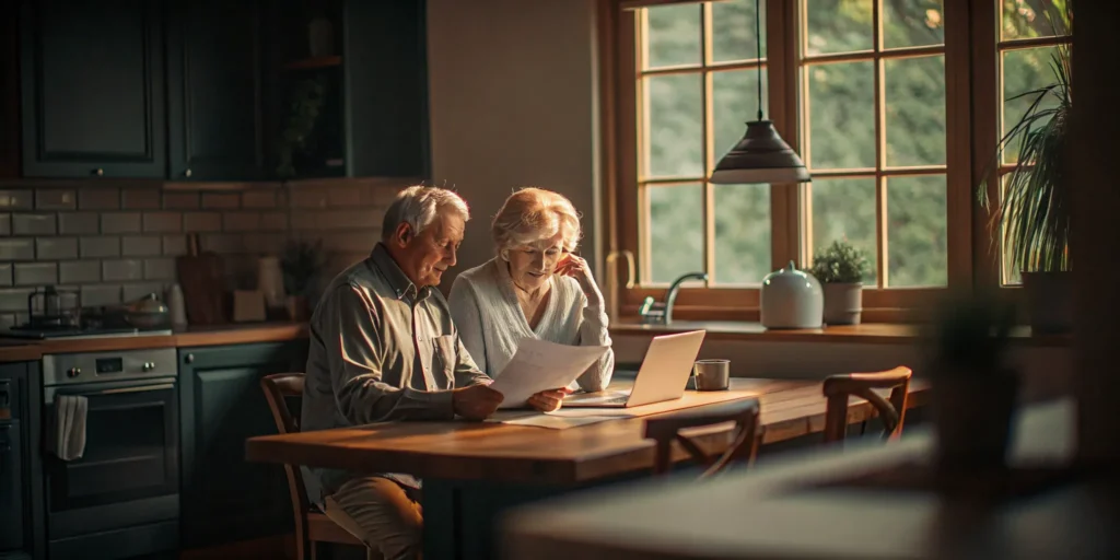 Retired couple reviewing Social Security survivor benefits planning documents