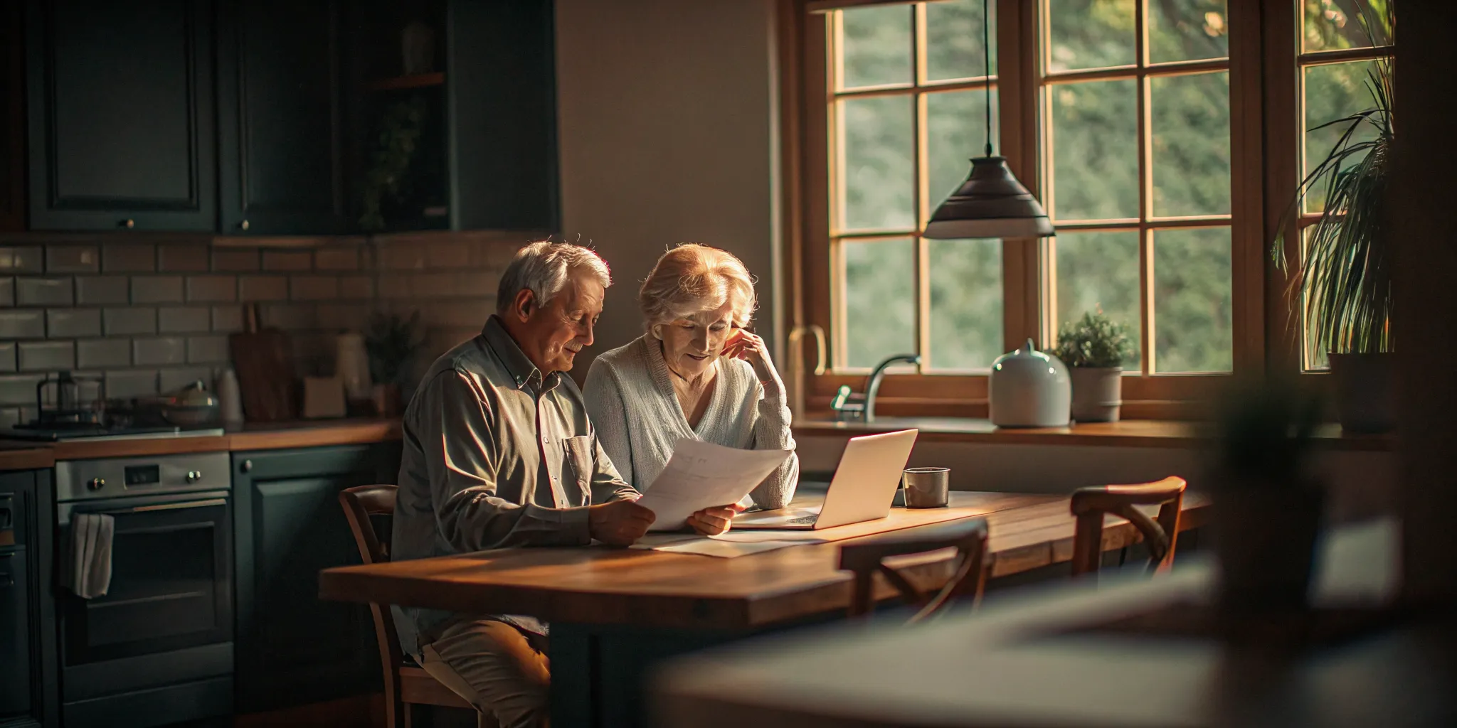 Retired couple reviewing Social Security survivor benefits planning documents