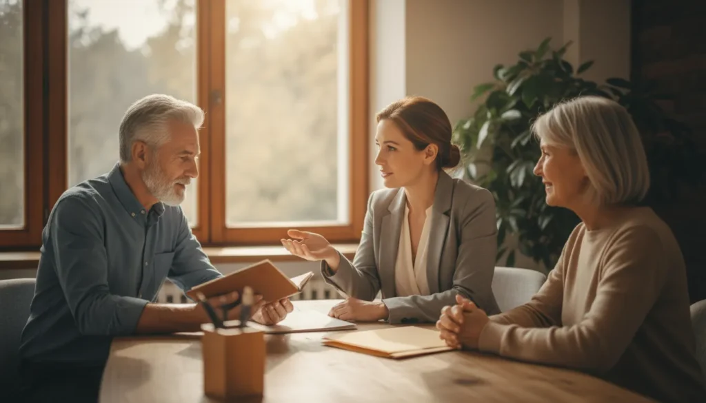 Couple discussing sustainable retirement income planning with a financial advisor
