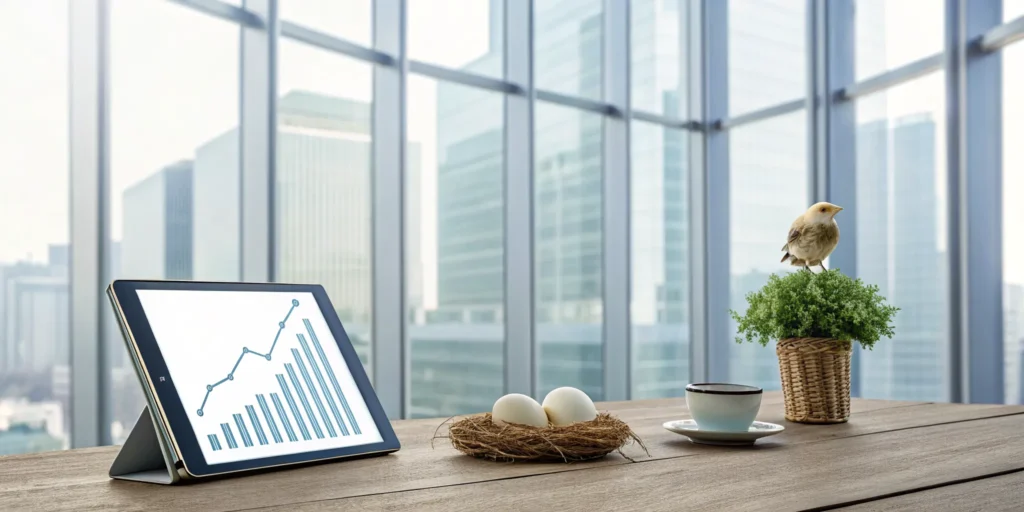A tablet with a 401k growth chart and a bird's nest, representing a growing retirement nest egg.