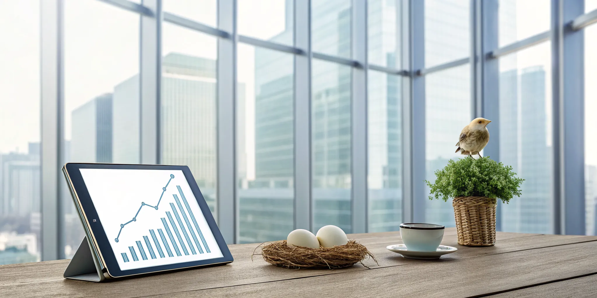 A tablet with a 401k growth chart and a bird's nest, representing a growing retirement nest egg.