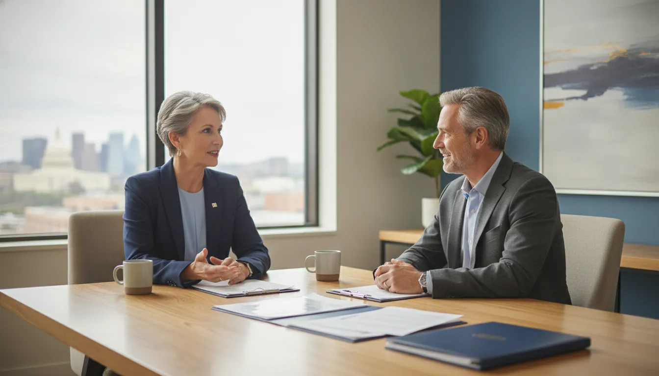 Federal employee discussing retirement records with a financial advisor