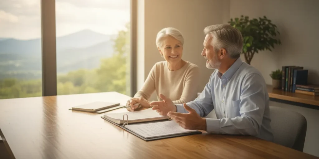 Retired couple reviewing an investment plan with an advisor at a desk in a bright office