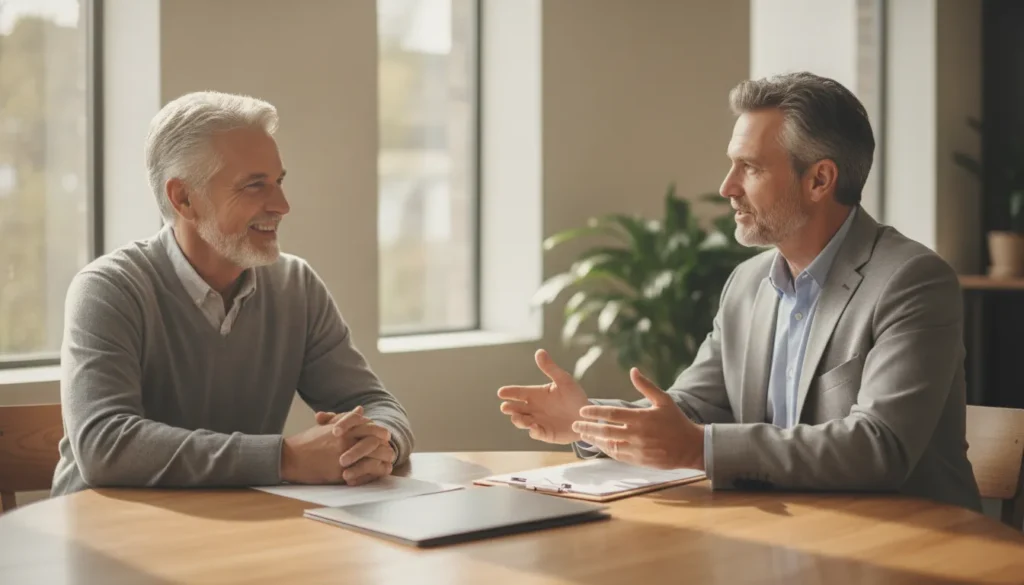 Retiree discussing retirement account choices with a financial advisor