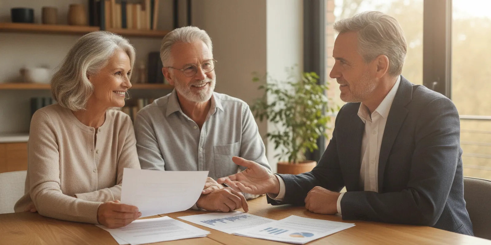 Retiree reviewing a retirement income plan and account statements at a desk