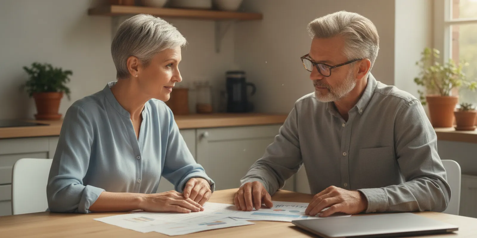 Federal employee couple reviewing retirement income documents at home